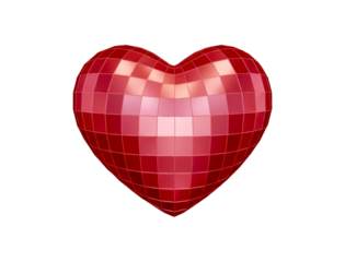 Red faceted disco ball style heart with a glossy mosaic surface reflects pink light, creating a modern and romantic symbol of love for a Valentine's Day celebration