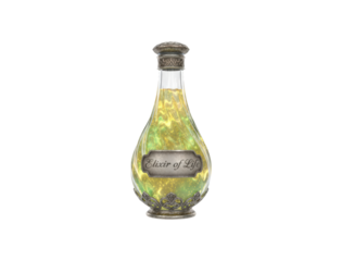 Glowing fantasy elixir of life bottle filled with a swirling yellow and green liquid, golden sparkles, and an ornate, antique metal stopper and filigree base