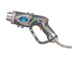 Jeweled electric vehicle charging plug encrusted with colorful diamonds, sapphires, rubies, and emeralds, featuring a braided gold and silver cable in a luxurious design