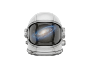 Detailed white astronaut helmet with a beautiful spiral galaxy and starry cosmos reflected in the front glass visor, representing space travel, astronomy, and futuristic discovery
