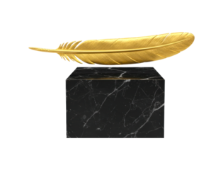 Golden feather award sculpture resting on a black marble pedestal in a luxurious and elegant composition symbolizing success, achievement, and recognition for excellence