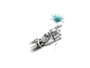 Detailed robotic cyborg hand gently holds a delicate, glowing blue flower, symbolizing the connection between artificial intelligence, technology, and synthetic nature