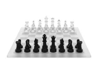 Complete chess set with elegant black and transparent glass pieces is arranged in the starting position on a modern checkered board, ready for a strategic confrontation