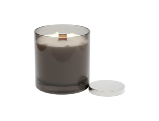Scented wooden wick candle in a stylish smoked glass jar with its silver metal lid resting beside it, creating a cozy and relaxing atmosphere for home fragrance
