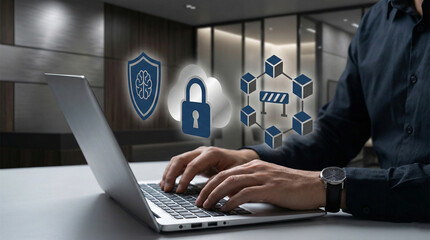 Businessman working on laptop with cybersecurity icons floating above
