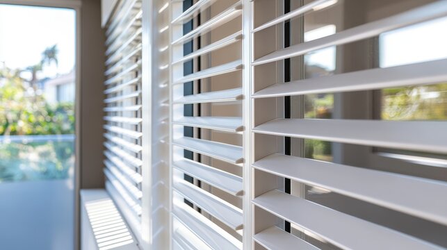 Close-up of white plantation shutters on a window with natural light