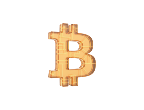 Glowing orange Bitcoin cryptocurrency symbol made of translucent material reveals an internal electronic circuit board pattern with a warm, luminous neon light representing digital finance - Powered by Adobe