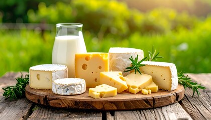 Assortment of dairy products, including milk, various cheeses, and herbs, on a wooden board