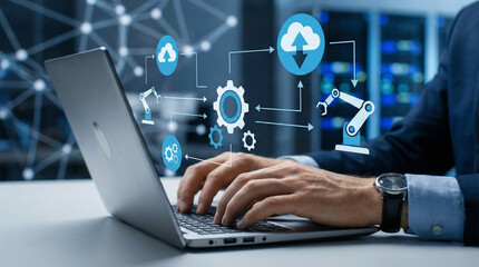 Businessman working on laptop with automation and cloud computing icons