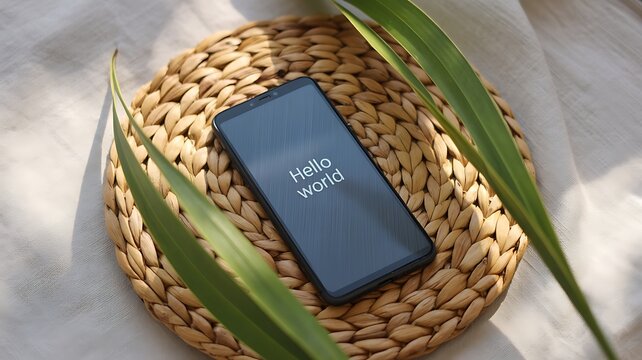 Modern smartphone displaying hello world text resting on woven mat surrounded by green leaves in a natural aesthetic setting