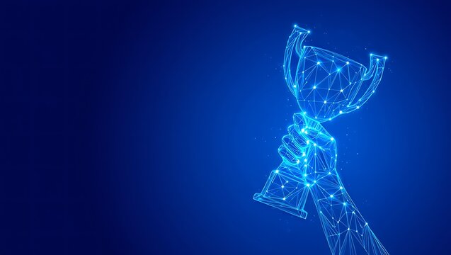 Glowing blue trophy cup with sparkling lines and dots on dark blue background