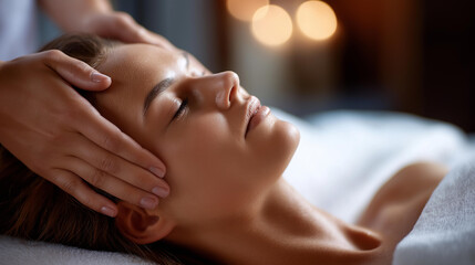 Faceless woman receiving head massage at luxury spa, professional relaxation treatment, wellness therapy session, defocused tranquil environment, stress relief moment, with copy space