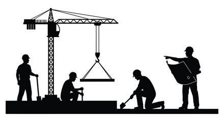 A stark depiction of construction workers and a towering crane all rendered as a striking black silhouette high quality professional detailed © mrvect02