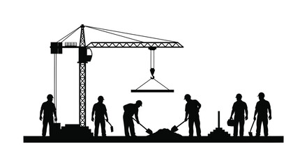 A stark depiction of construction workers and a towering crane against a white background presented as a striking silhouette high quality © mrvect02