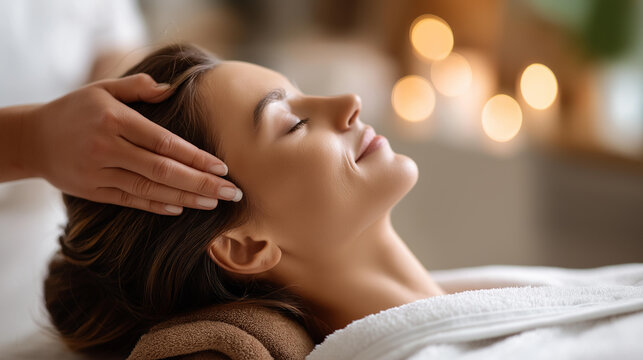Faceless woman receiving head massage at luxury spa, professional relaxation treatment, wellness therapy session, defocused tranquil environment, stress relief moment, with copy space
