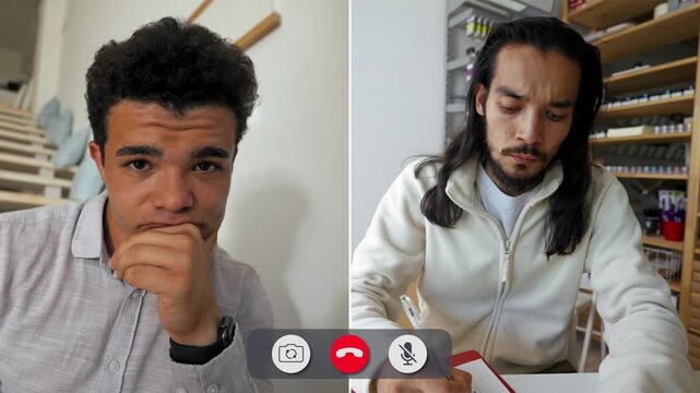 A man sits in front of a computer during an online call. He appears bored while waiting for something to happen. The interaction seems slow and unengaging.