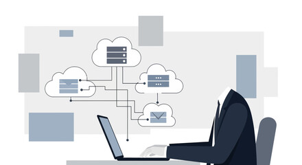Abstract illustration of a faceless businessman working with cloud computing technology
