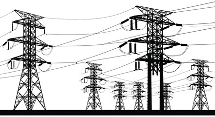 A striking view of tall electrical power transmission towers against a bright white background captured as a dramatic silhouette high quality © mrvect02
