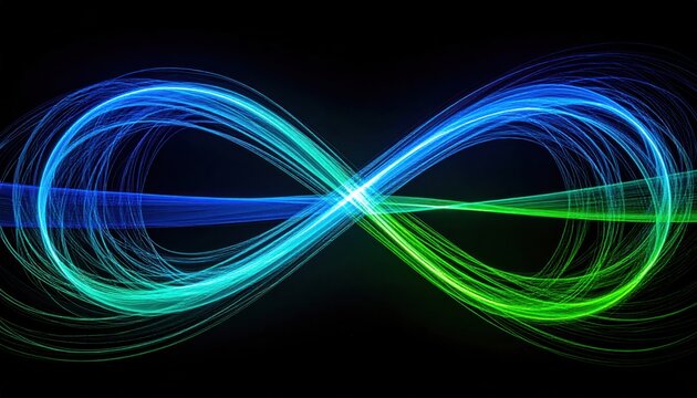Infinity symbol with vibrant blue and green light trails on black. - Powered by Adobe