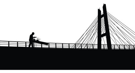 A lone figure with a guitar stands on a bridge against a bright white background creating a stark silhouette high quality © mrvect02