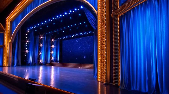 Elegant theater stage with blue curtains and bright lights, ready for a performance. A captivating setting for live entertainment and events