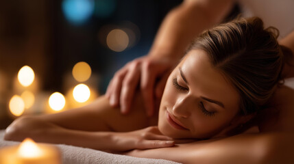 Faceless couple relaxing at spa during back massage, couples wellness treatment, romantic spa experience, simultaneous massage therapy, defocused luxury environment, with copy space