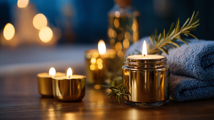 Close-up of luxury beauty set with aromatherapy candles at spa, premium wellness products, self-care treatment essentials, relaxation atmosphere items, tranquil spa environment, with copy space