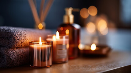 Close-up of luxury beauty set with aromatherapy candles at spa, premium wellness products, self-care treatment essentials, relaxation atmosphere items, tranquil spa environment, with copy space