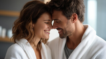 Faceless couple having fun during morning routine together, shared domestic activities, relationship bonding moment, playful partnership interaction, bathroom or bedroom scene, with copy space