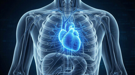 Human torso X-ray showing highlighted heart and circulatory system in blue