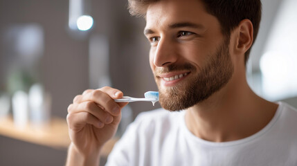 Faceless man applying toothpaste on brush, morning dental hygiene routine, oral health care habit, bathroom personal care moment, daily wellness practice, with copy space