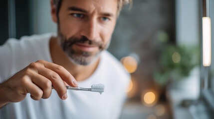 Faceless man applying toothpaste on brush, morning dental hygiene routine, oral health care habit, bathroom personal care moment, daily wellness practice, with copy space