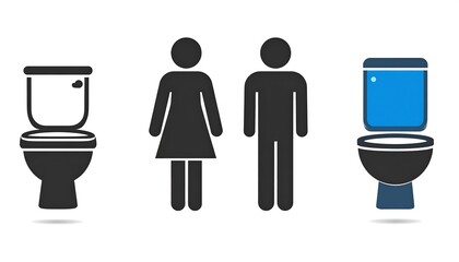 Set of restroom icons including a black and a blue toilet, and male and female silhouettes