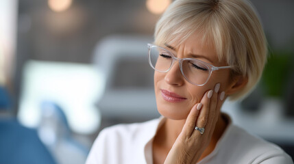 Senior woman experiencing tooth pain at dental clinic, elderly oral health care, dental discomfort moment, patient in dentist office, medical consultation scene, with copy space