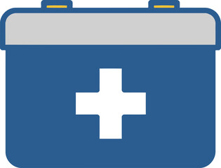 Fototapeta premium Blue first aid kit box with a white cross symbol and grey and yellow accents Keywords: first aid kit