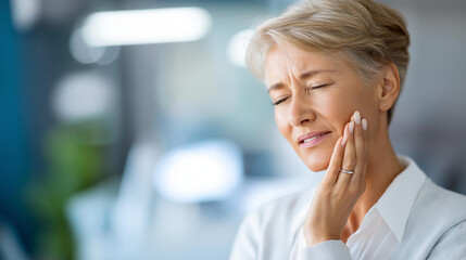 Senior woman experiencing tooth pain at dental clinic, elderly oral health care, dental discomfort moment, patient in dentist office, medical consultation scene, with copy space