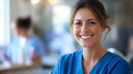 Smiling dental patient looking at camera at dental clinic, positive oral health experience, patient satisfaction moment, dentist office visit, dental care service, with copy space