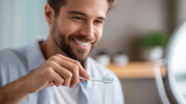 Faceless man applying toothpaste on brush, morning dental hygiene routine, oral health care habit, bathroom personal care moment, daily wellness practice, with copy space - Powered by Adobe