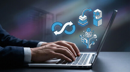 Businessman working on laptop with data migration and integration icons