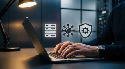 Person working on laptop with cybersecurity icons on screen