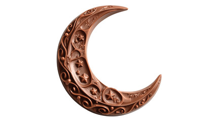 A copper crescent moon sculpture with intricate designs on transparent background