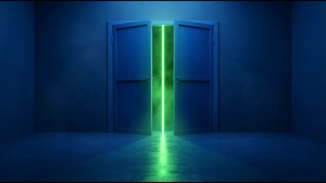Dark, moody room with double doors slightly ajar, revealing a vibrant, vertical beam of glowing neon green light, suggesting discovery or a secret portal.