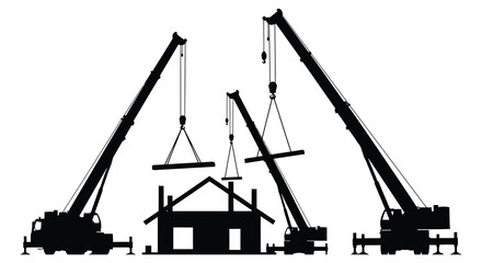 A striking visual representation of multiple construction cranes lifting structural elements amidst a building s framework silhouette high quality professional detailed modern © mrvect02