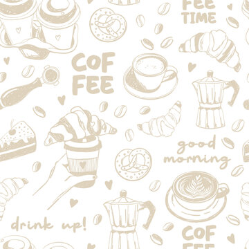 La dolce vita seamless pattern of croissants, coffee, cup, moka pot espresso, cake and lettering. Theme of Italy food elements. Whimsical chalk vector for caf&eacute; branding, prints, menu decoration etc.