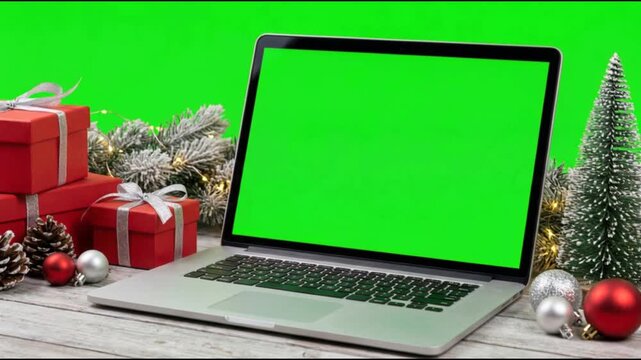 Laptop with green screen mockup surrounded by festive Christmas decorations, gifts, and ornaments on a rustic white wooden table.