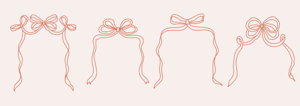 Retro whimsical ribbon frames with bows. Vintage elegant girly border for Christmas cards, Valentines card, birthday, wedding invitations, menu design etc. Line art vector illustration.