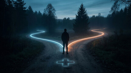 A person stands at a crossroads on a dirt road, contemplating two glowing paths in a dark forest at dusk 93.jpg