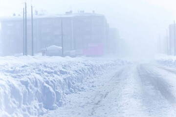Urban landscape buried in snow during extreme winter storm conditions.