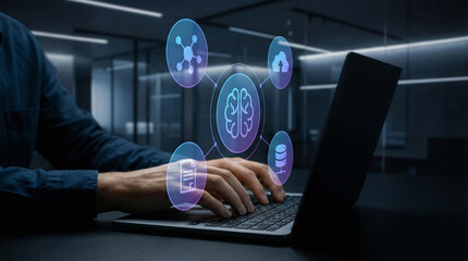 Person working on laptop with futuristic brain interface technology