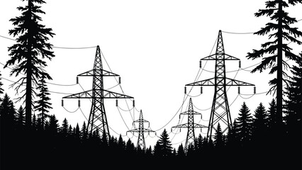 Dramatic view of tall electricity pylons and coniferous trees against a bright sky presented as a striking silhouette high quality professional © mrvect02